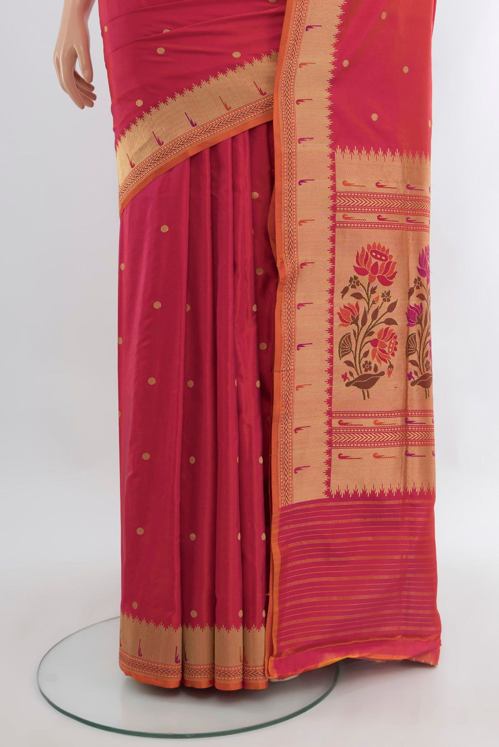 Pleats and pallu of Pink with Orange Color Banarasi Silk Saree with Zari Butta on the body and Zari Border. 