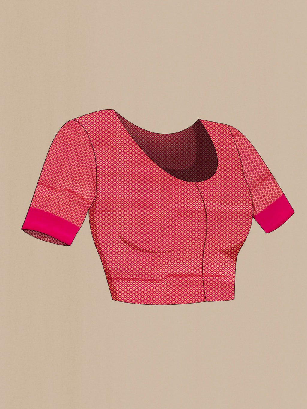 Close up image of the blouse of Pure Silk Pink Banarasi Saree with Zari Butta on the body and Zari Border. 