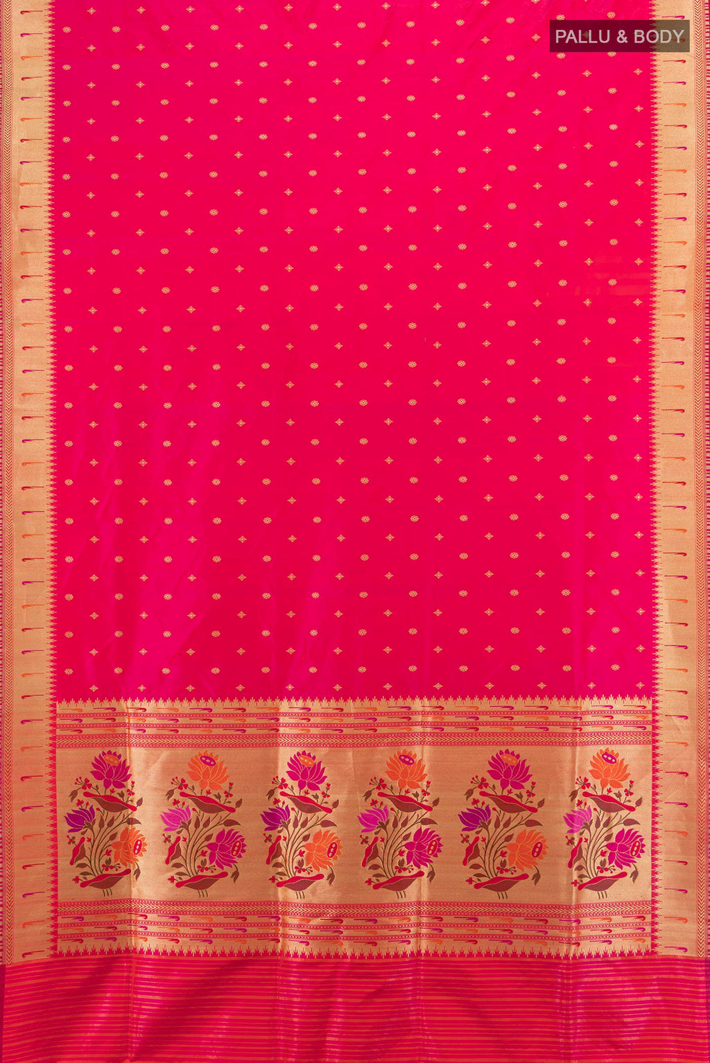 Flat view of Pure Silk Pink Banarasi Saree with Zari Butta on the body and Zari Border. 