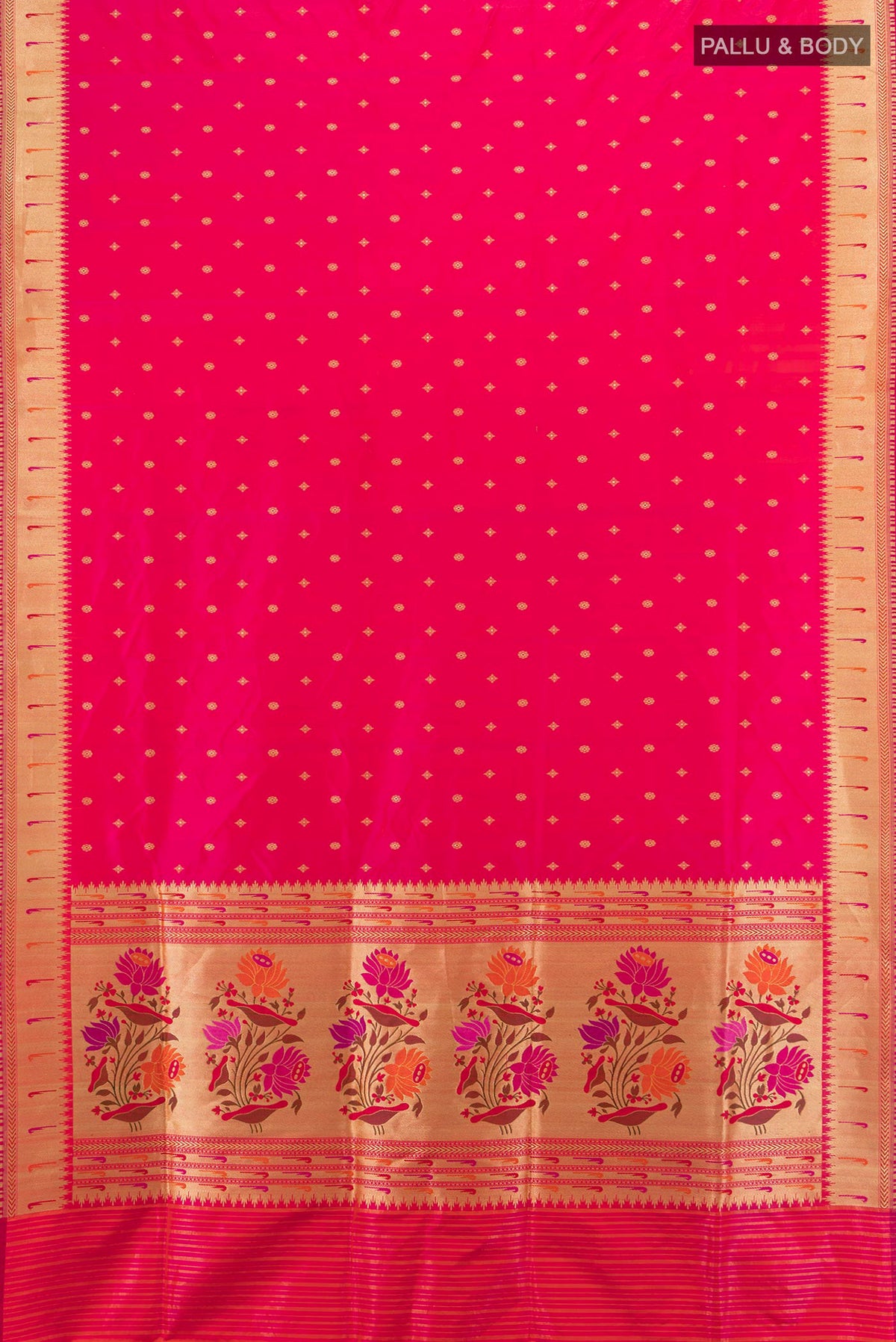 Flat view of Pure Silk Pink Banarasi Saree with Zari Butta on the body and Zari Border. 