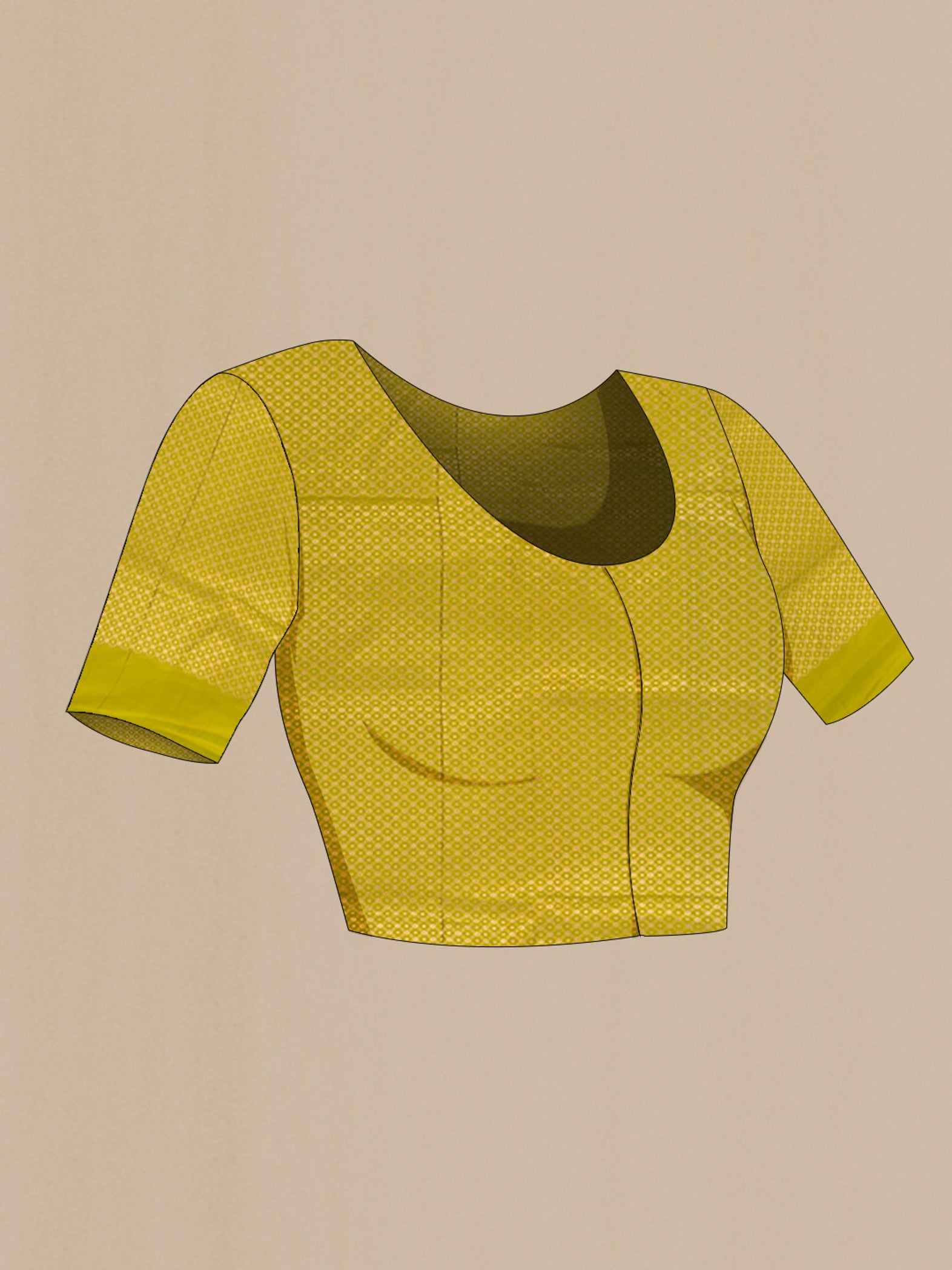 Close up image of the blouse of Yellow Banarasi Silk Saree with Zari Butta on the body and Zari Border. 