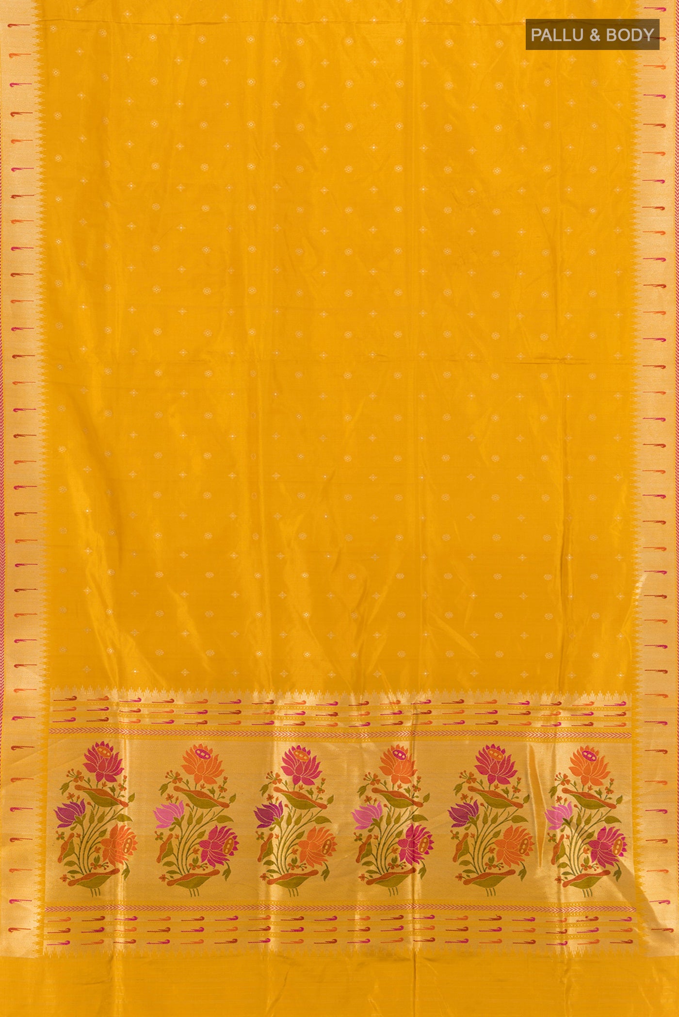 Flat view of Yellow Banarasi Silk Saree with Zari Butta on the body and Zari Border. 