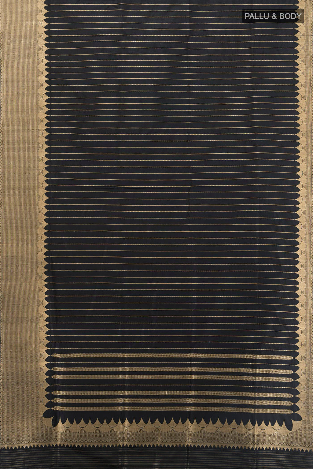 Flat view of Pure Silk Black Banarasi Saree with Stripes on the body and Zari Border. 