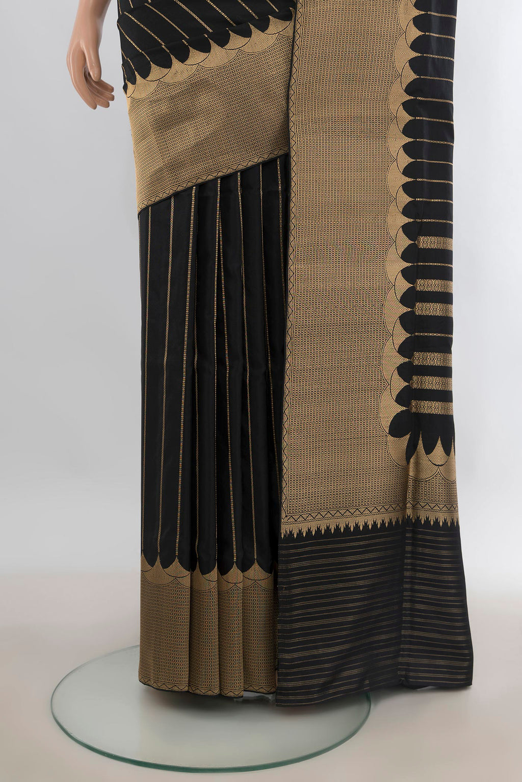 Pleats and pallu of Pure Silk Black Banarasi Saree with Stripes on the body and Zari Border. 