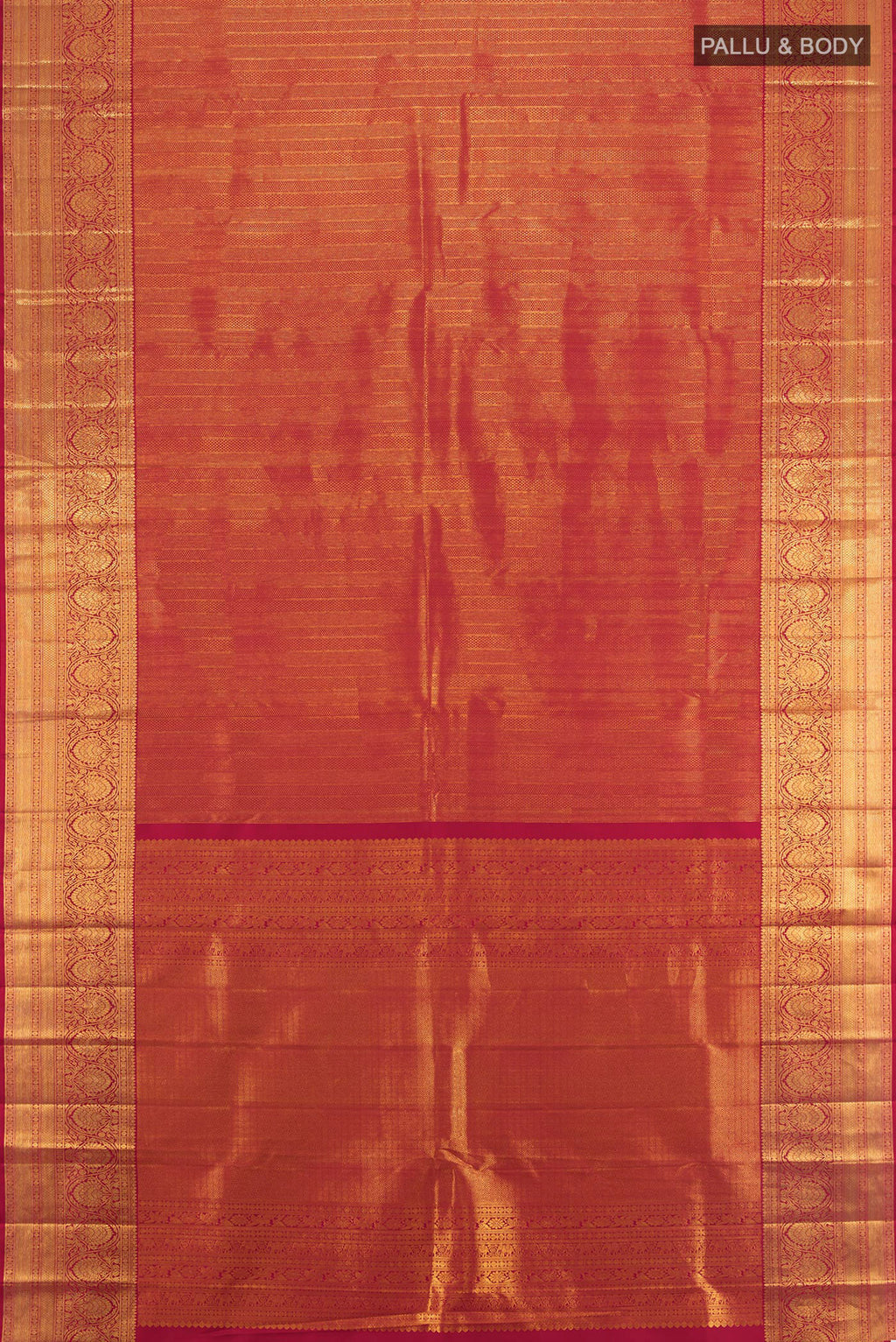 Flat view of Maroon Kanchipuram Silk Saree with Zari Brocade on the body and Zari Border. 