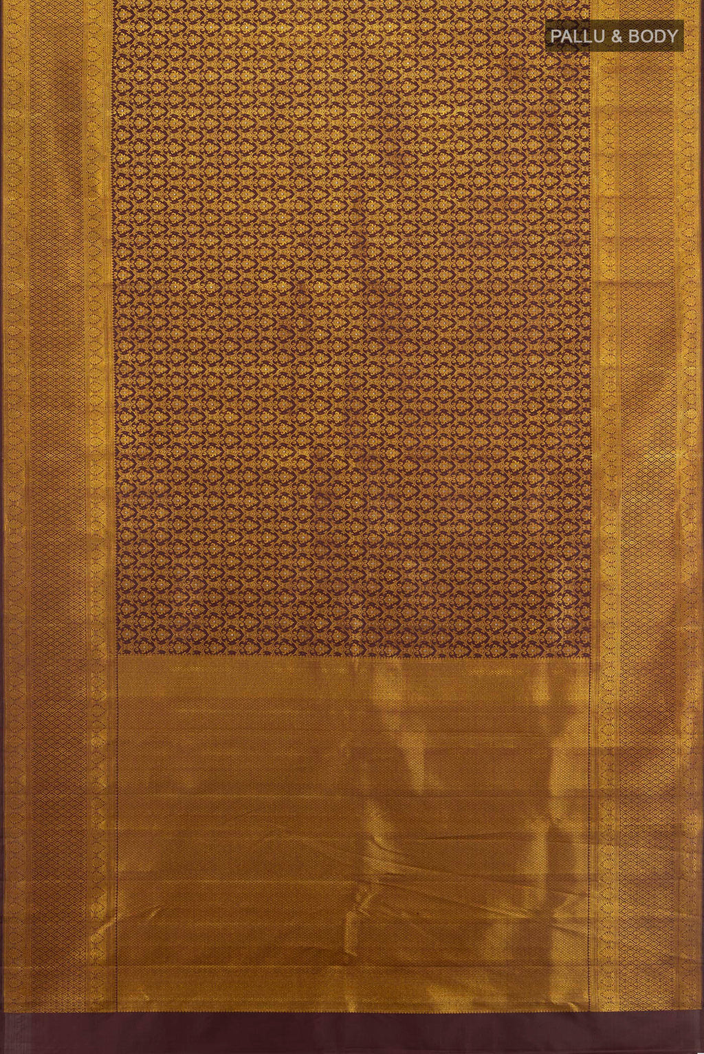 Flat view of Coffee Brown Kanchipuram Silk Saree with Zari Brocade on the body and Zari Border. 