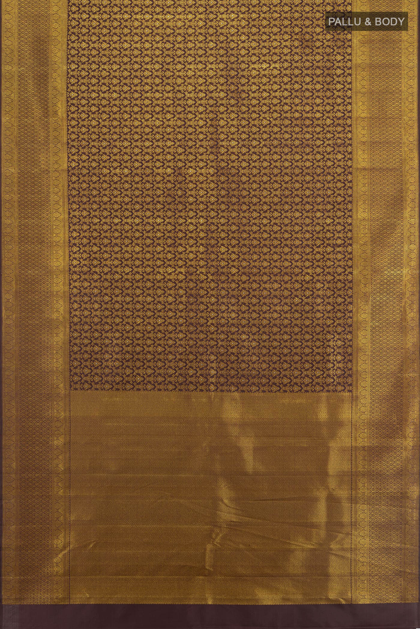 Flat view of Coffee Brown Kanchipuram Silk Saree with Zari Brocade on the body and Zari Border. 