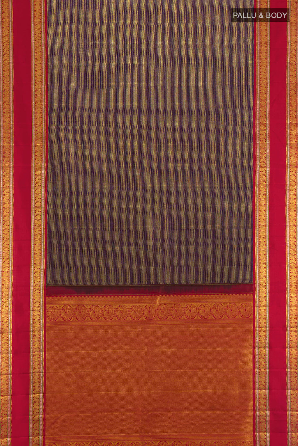 Flat view of Violet Kanchipuram Silk Saree with Zari Brocade on the body and Zari Border. 