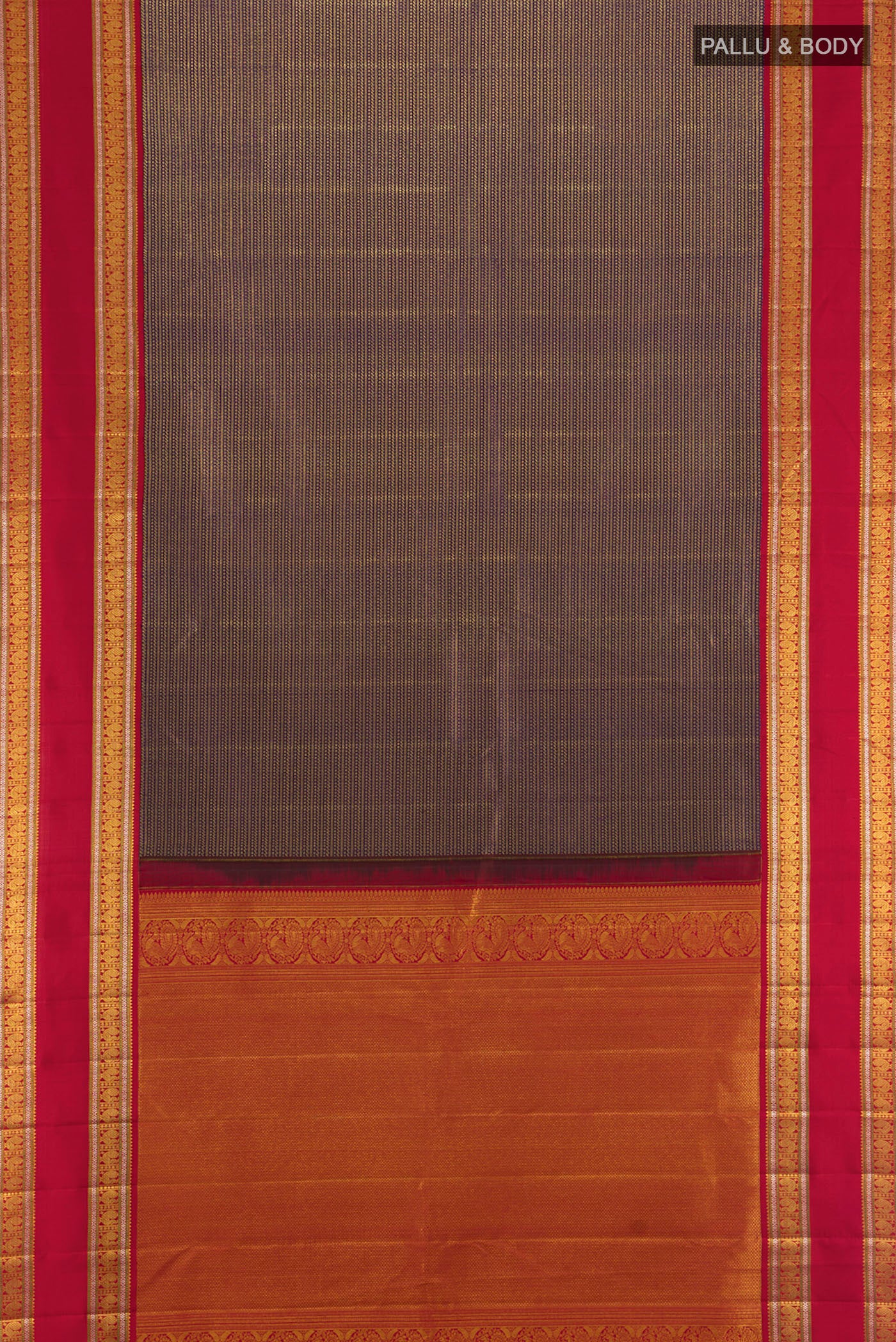 Flat view of Violet Kanchipuram Silk Saree with Zari Brocade on the body and Zari Border. 