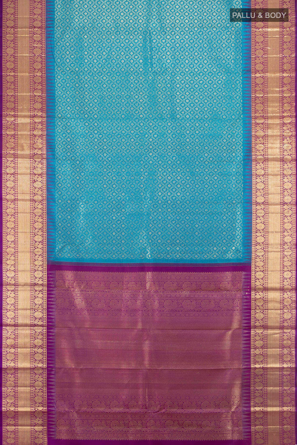 Flat view of Pure Silk Blue Kanchipuram Saree with Zari Brocade on the body and Zari Border. 