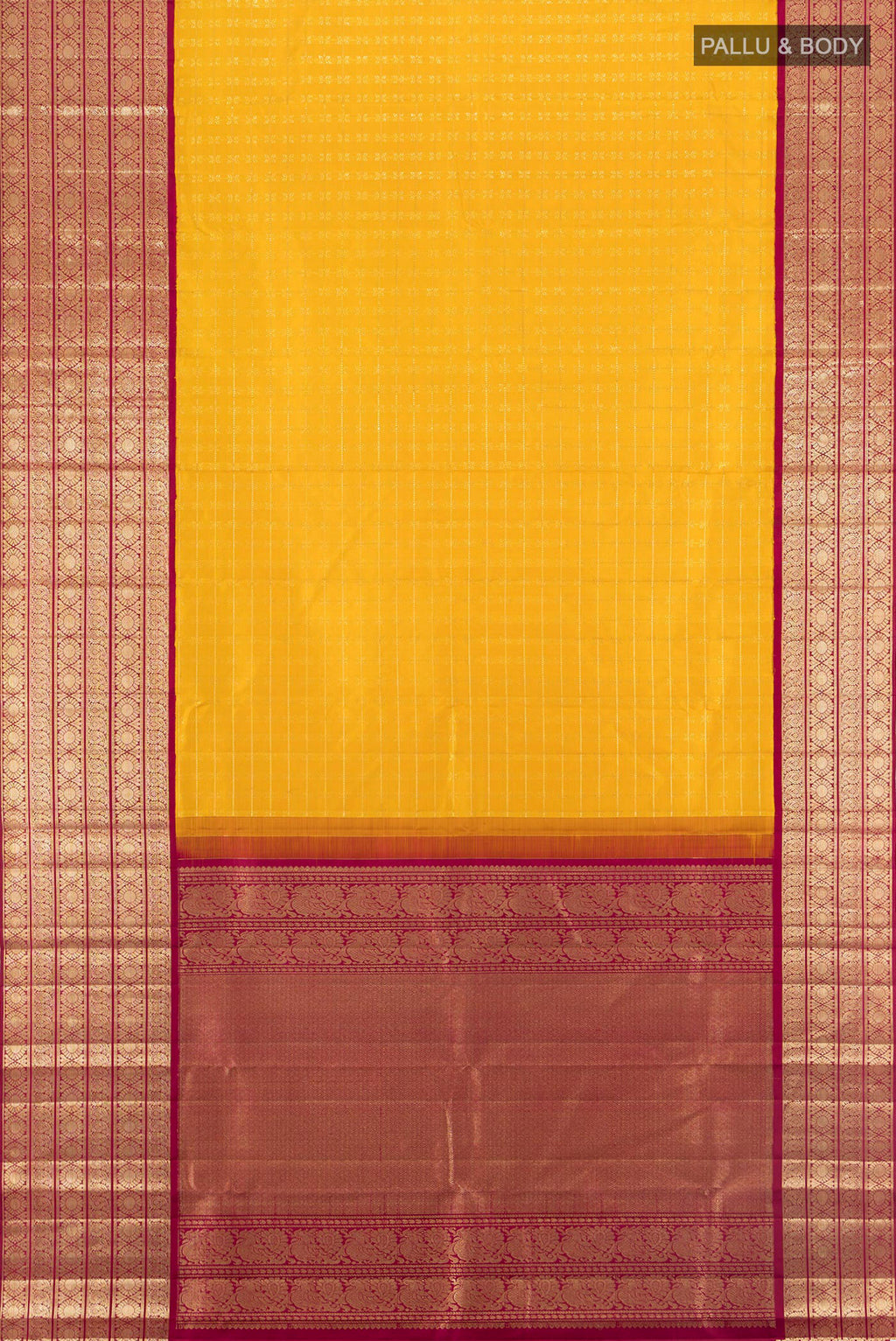 Flat view of Yellow Kanchipuram Silk Saree with Zari Butta on the body and Zari Border. 