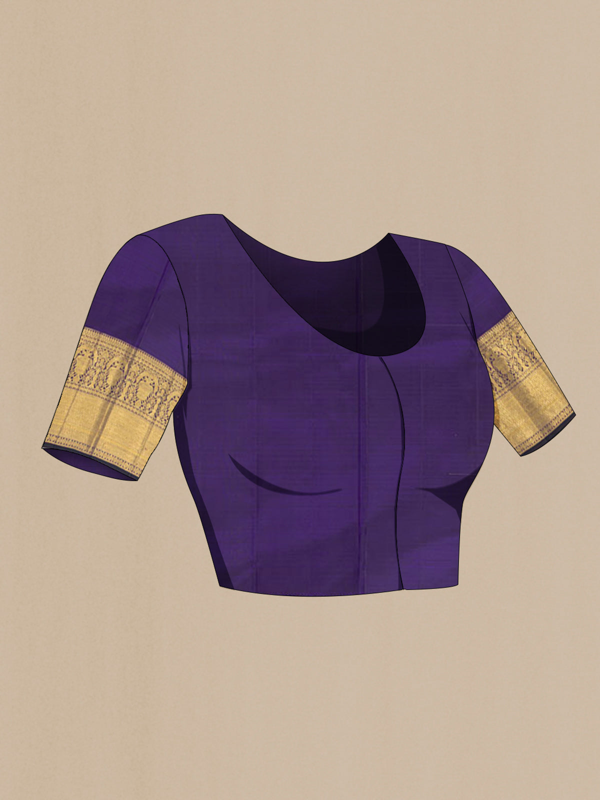Close up image of the blouse of Pure Silk Golden Kanchipuram Saree with Checked design on the body and Silk Border. 