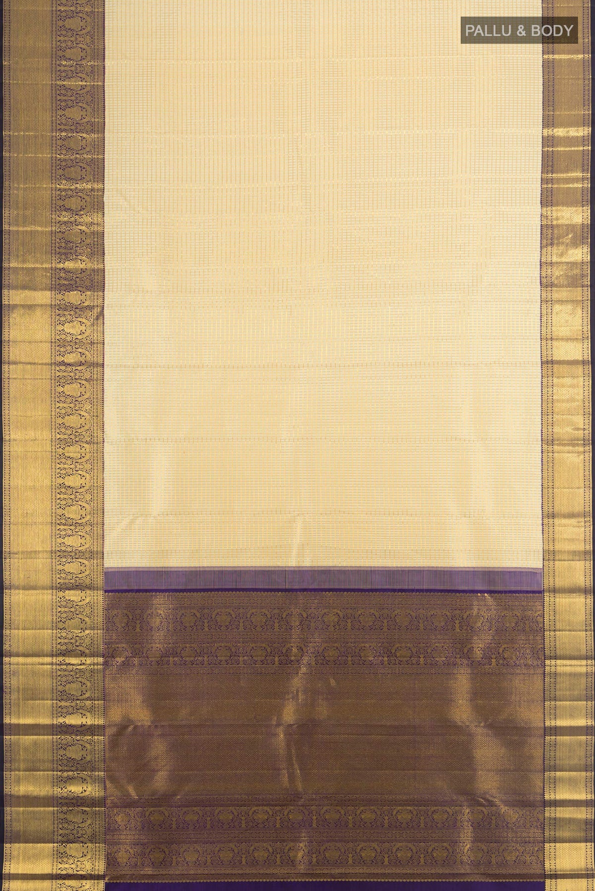 Flat view of Pure Silk Golden Kanchipuram Saree with Checked design on the body and Silk Border. 