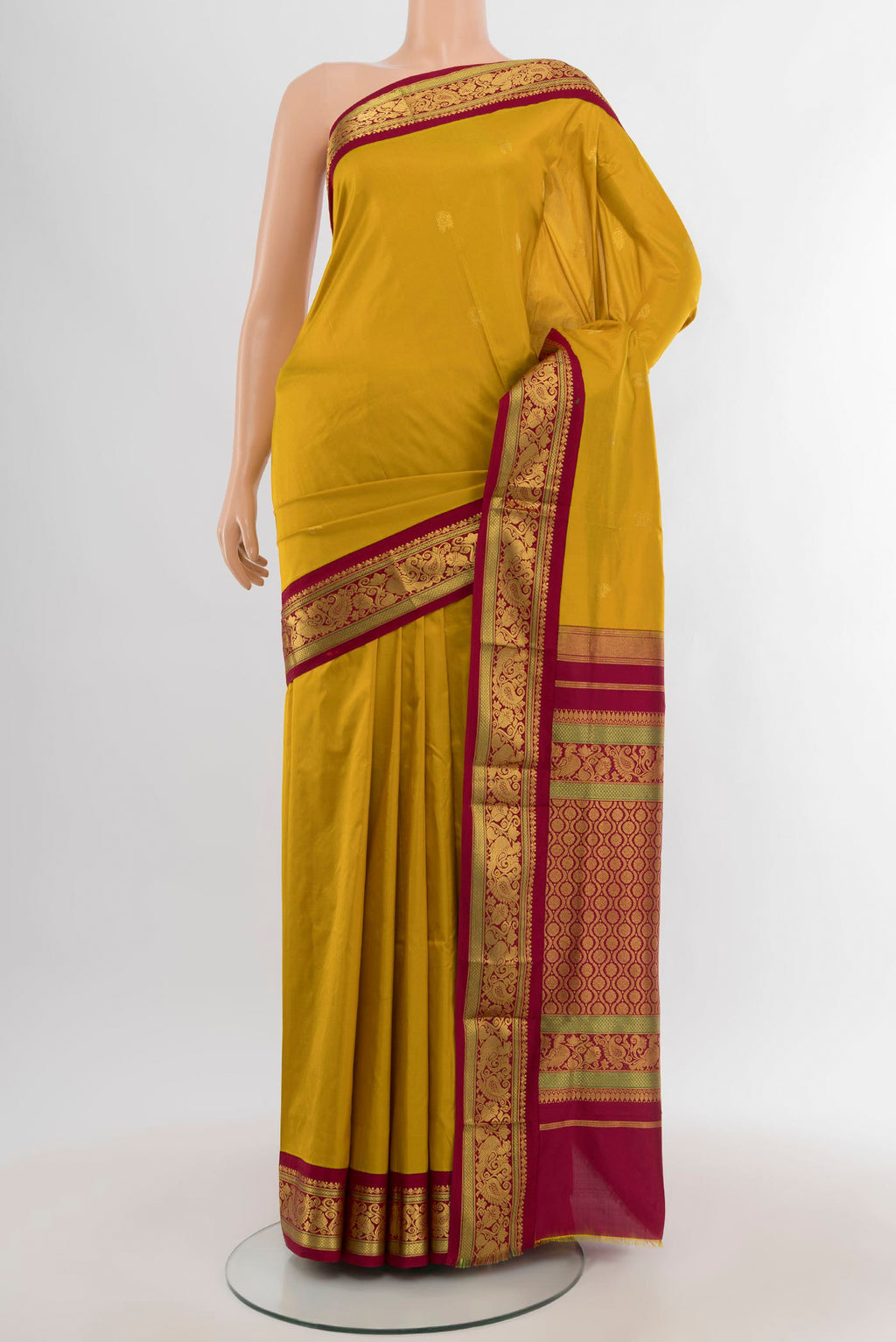 Mustard Bangalore Silk - kadyal Nine Yards Saree with Zari Butta on the body and Zari Border.  displayed on a mannequin