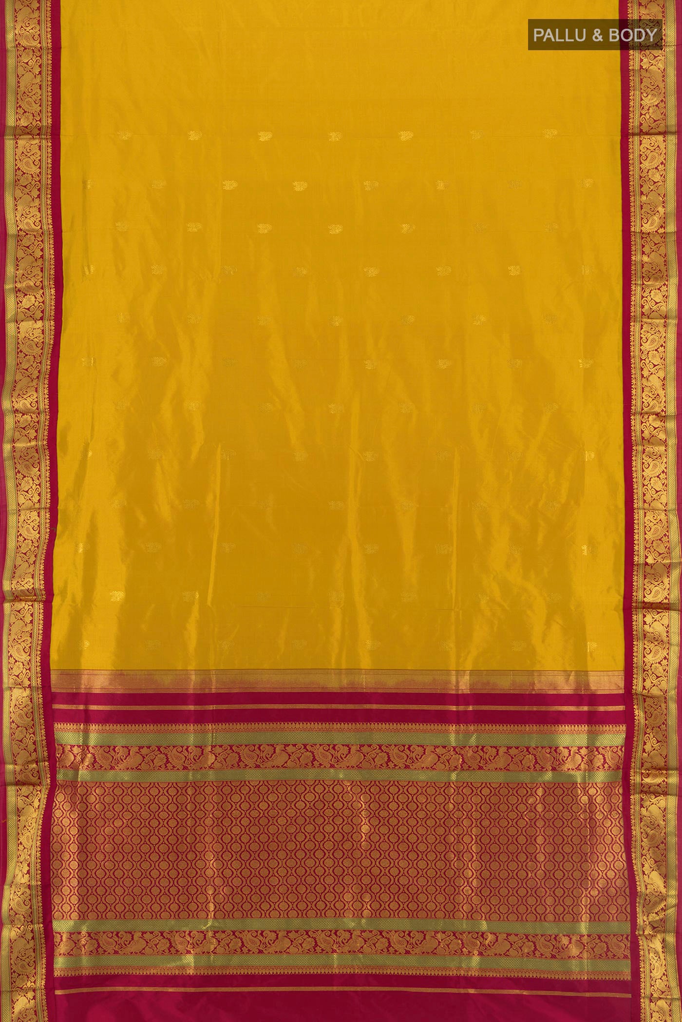 Flat view of Mustard Bangalore Silk - kadyal Nine Yards Saree with Zari Butta on the body and Zari Border. 