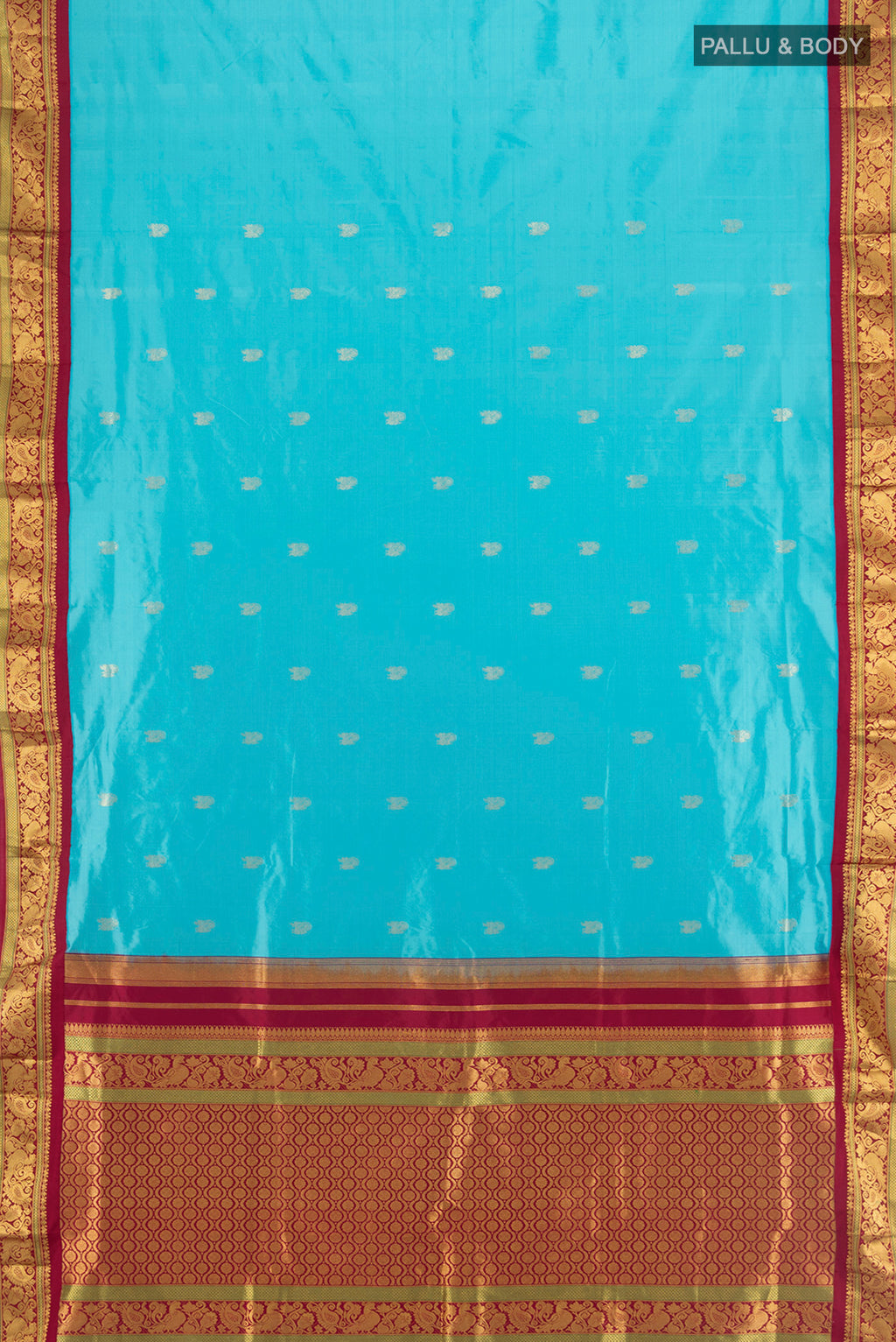 Flat view of Light Blue Kanchipuram Silk Nine Yards Saree with Zari Butta on the body and Zari Border. 