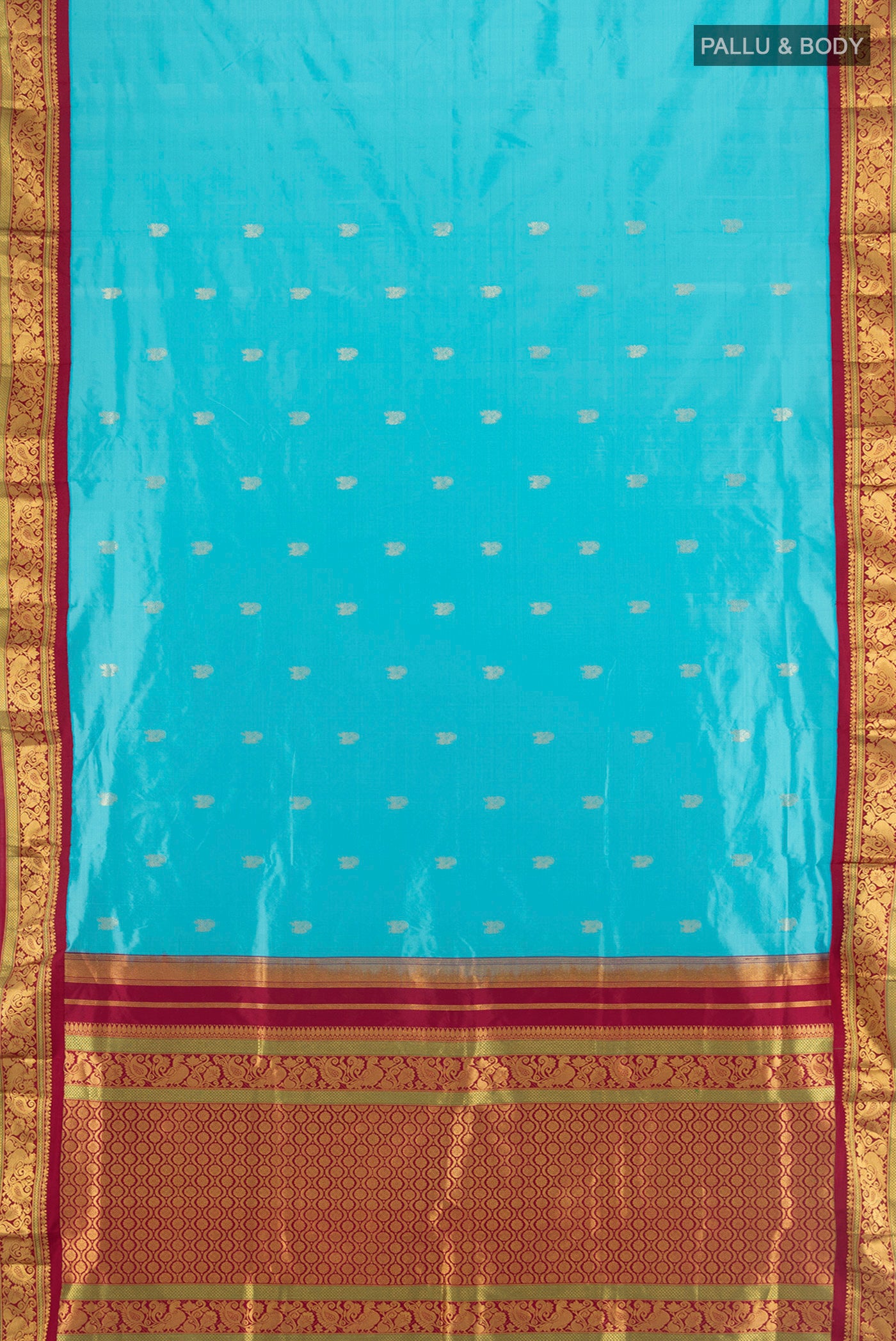 Flat view of Light Blue Kanchipuram Silk Nine Yards Saree with Zari Butta on the body and Zari Border. 