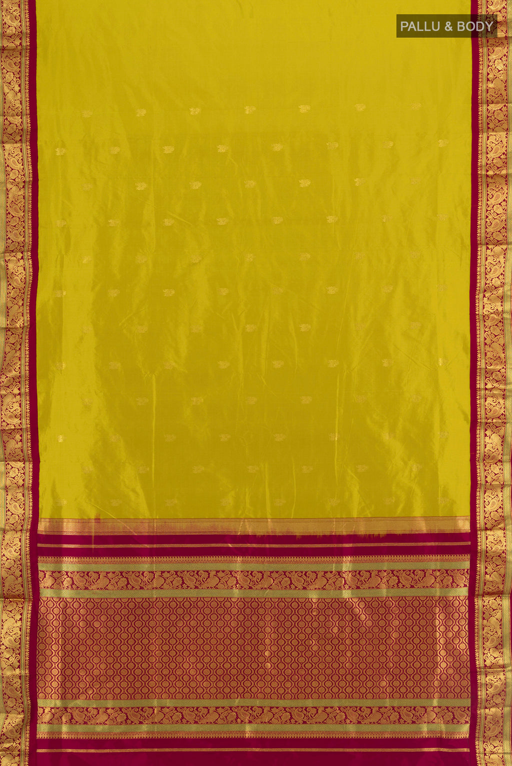 Flat view of Mehandi Green Kanchipuram Silk Nine Yards Saree with Zari Butta on the body and Zari Border. 