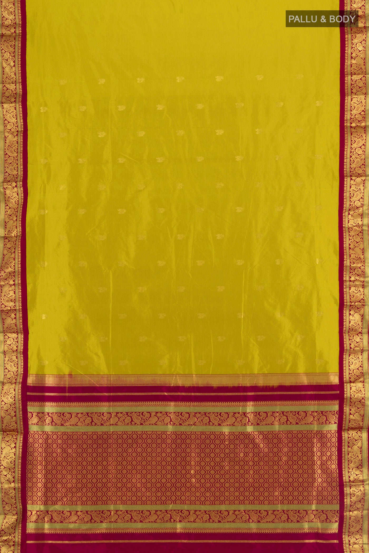 Flat view of Mehandi Green Kanchipuram Silk Nine Yards Saree with Zari Butta on the body and Zari Border. 
