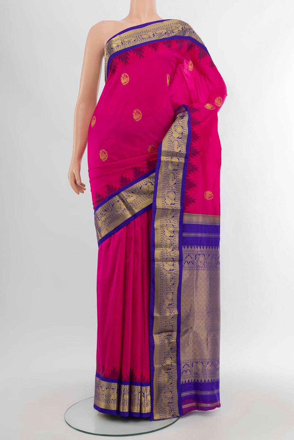 Rani Pink Bangalore Silk - kadyal Nine Yards Saree with Zari Butta on the body and Zari Border.  displayed on a mannequin