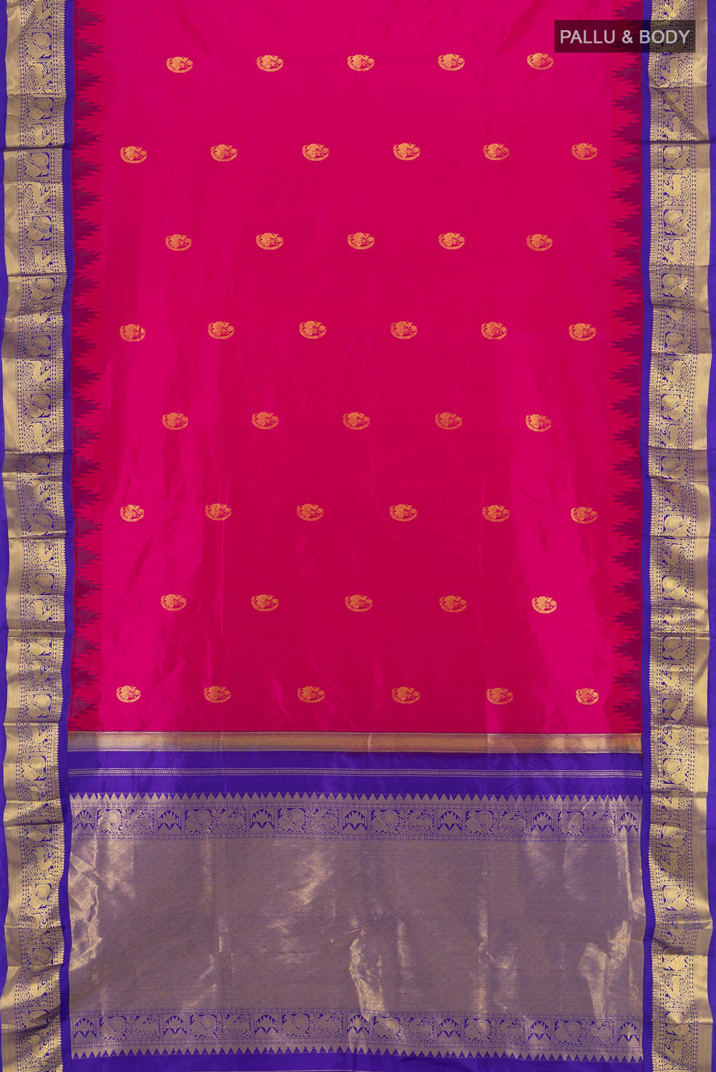 Flat view of Rani Pink Bangalore Silk - kadyal Nine Yards Saree with Zari Butta on the body and Zari Border. 
