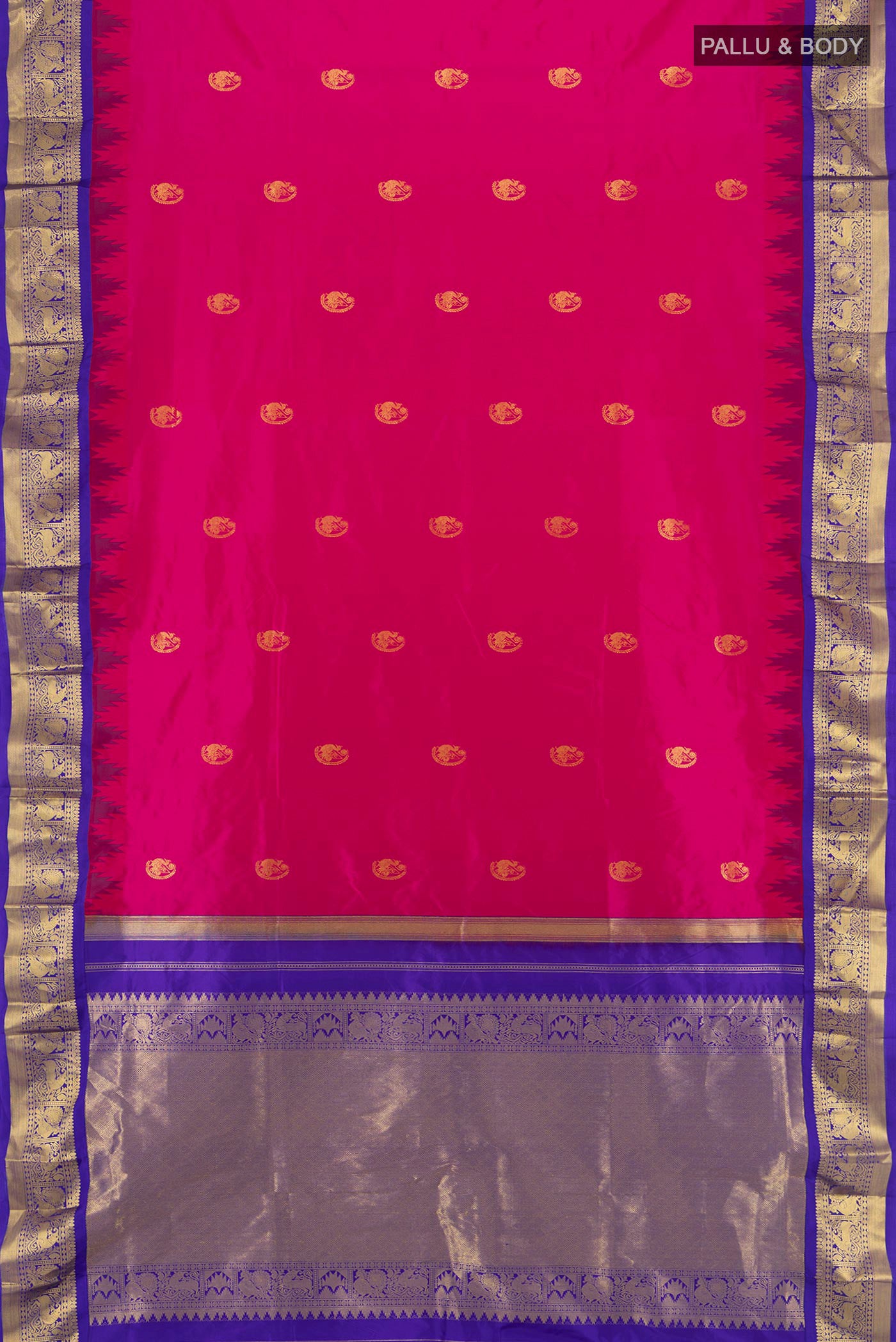 Flat view of Rani Pink Bangalore Silk - kadyal Nine Yards Saree with Zari Butta on the body and Zari Border. 
