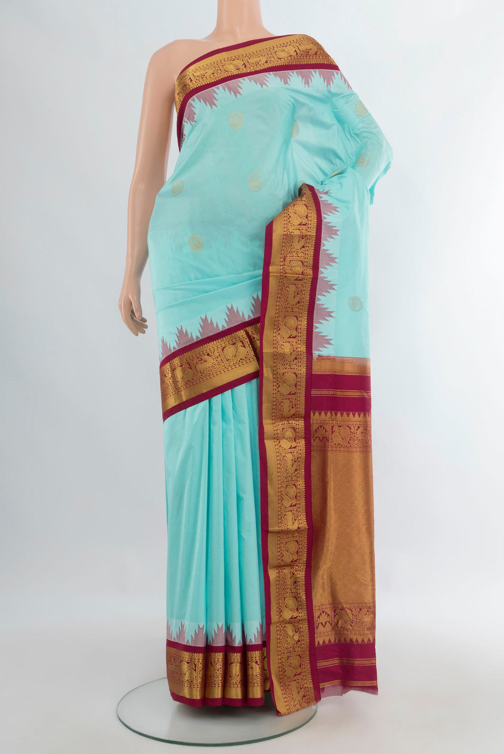Pure Silk Sea Green Bangalore - kadyal Nine Yards Saree with Zari Butta on the body and Zari Border.  displayed on a mannequin