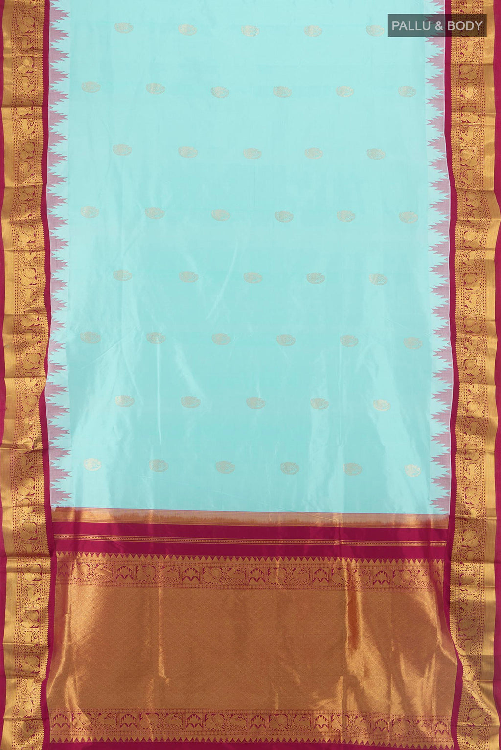 Flat view of Pure Silk Sea Green Bangalore - kadyal Nine Yards Saree with Zari Butta on the body and Zari Border. 