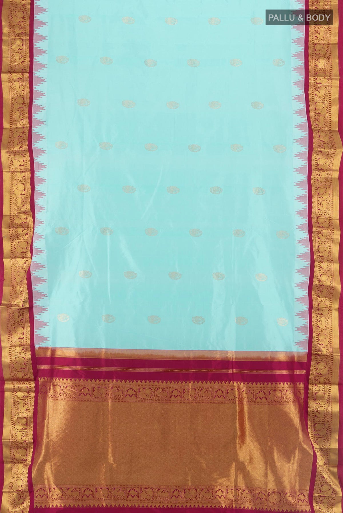 Flat view of Pure Silk Sea Green Bangalore - kadyal Nine Yards Saree with Zari Butta on the body and Zari Border. 