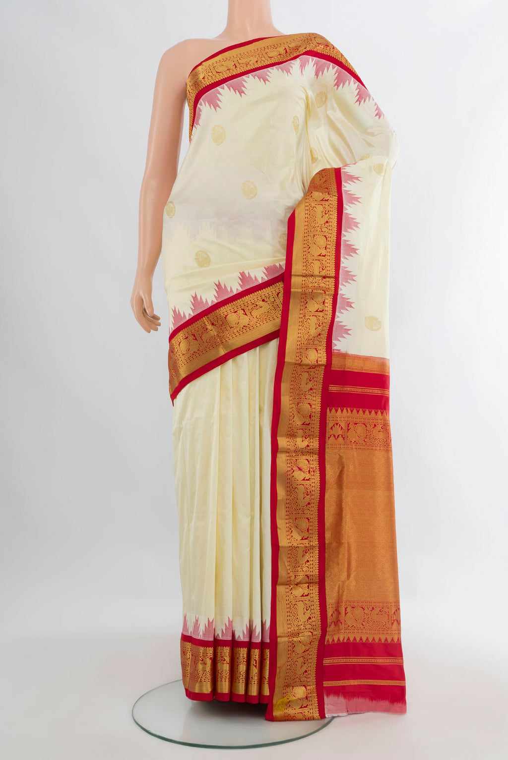 Pure Silk Cream Bangalore - kadyal Nine Yards Saree with Zari Butta on the body and Zari Border.  displayed on a mannequin