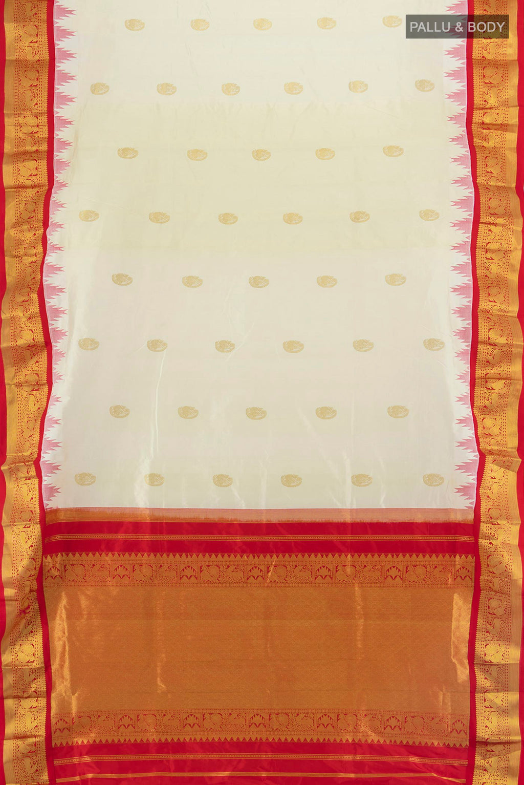 Flat view of Pure Silk Cream Bangalore - kadyal Nine Yards Saree with Zari Butta on the body and Zari Border. 