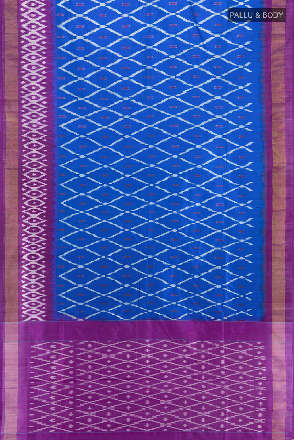 Flat view of Royal Blue Pochampally Silk Saree with Ikat design on the body and Ikat Border. 