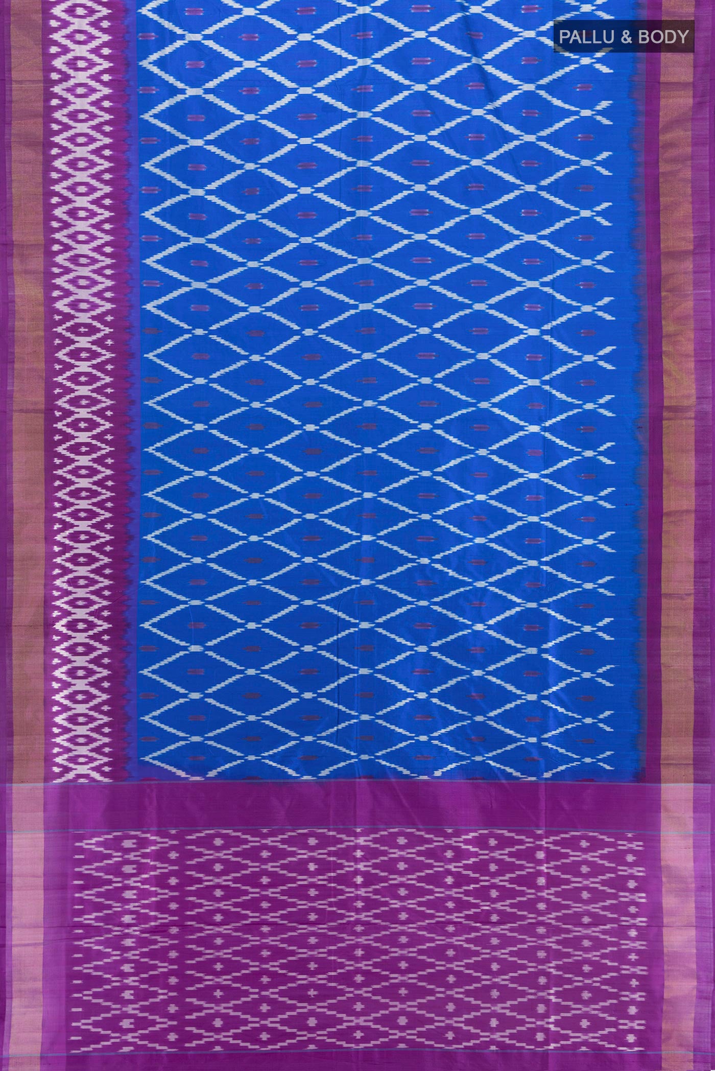 Flat view of Royal Blue Pochampally Silk Saree with Ikat design on the body and Ikat Border. 