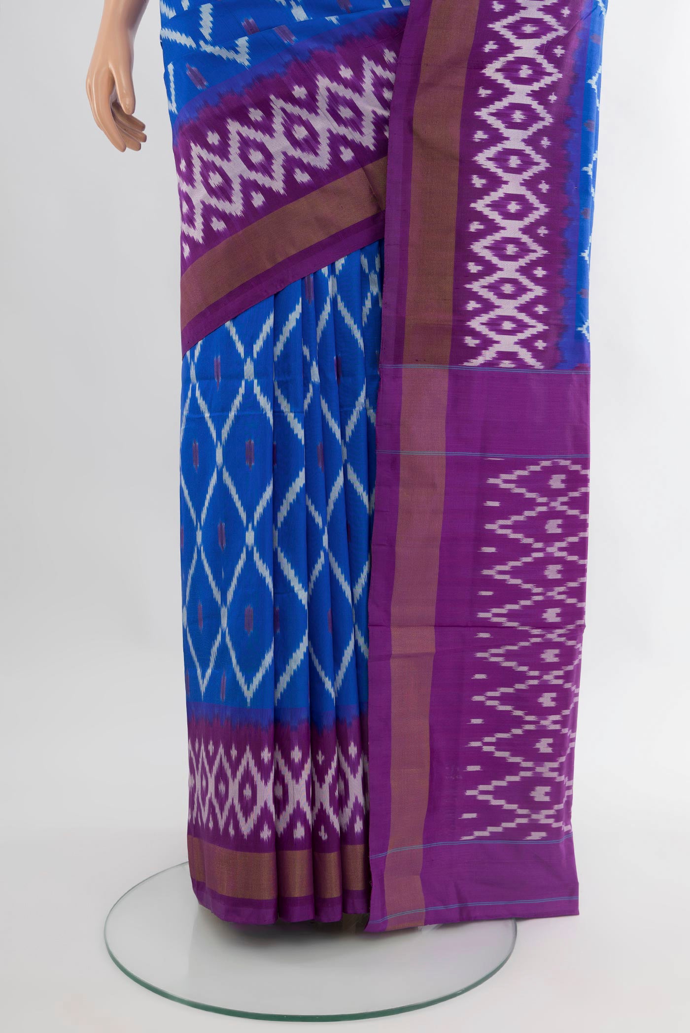 Pleats and pallu of Royal Blue Pochampally Silk Saree with Ikat design on the body and Ikat Border. 