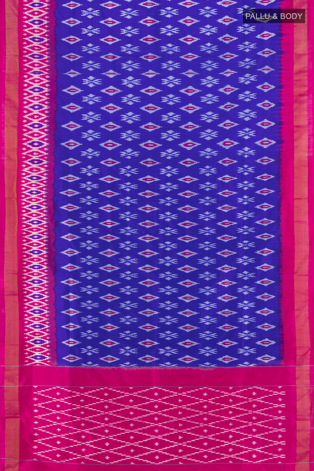 Flat view of Royal Blue Pochampally Silk Saree with Ikat design on the body and Ikat Border. 