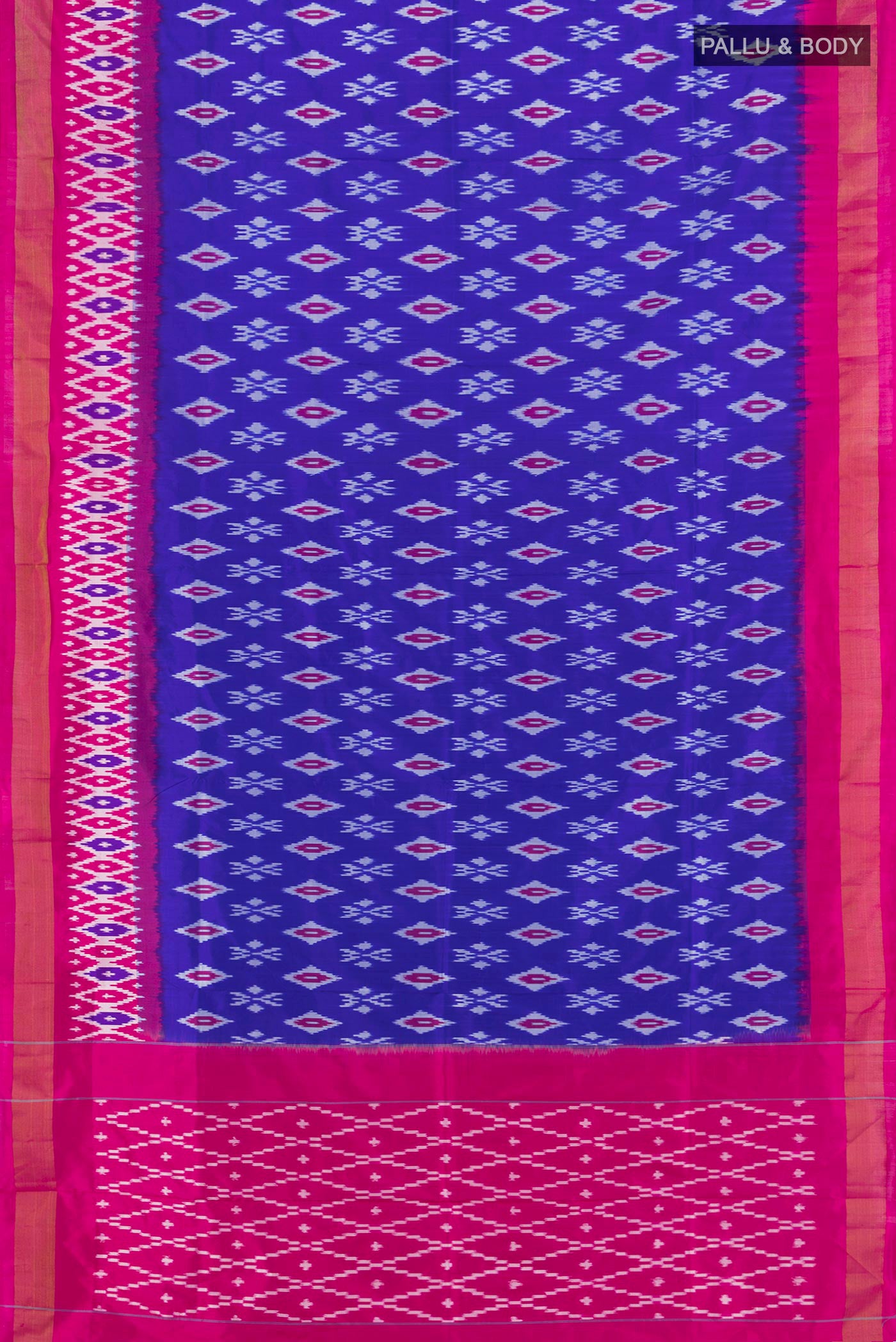Flat view of Royal Blue Pochampally Silk Saree with Ikat design on the body and Ikat Border. 