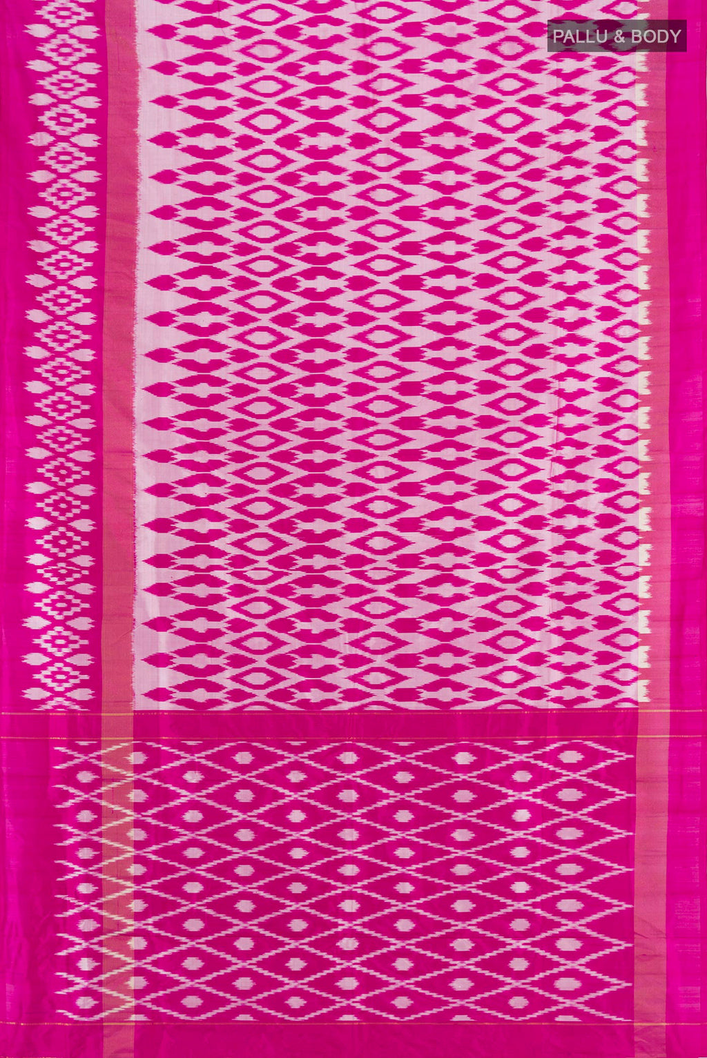 Flat view of Magenta Pochampally Silk Saree with Ikat design on the body and Plain Border. 