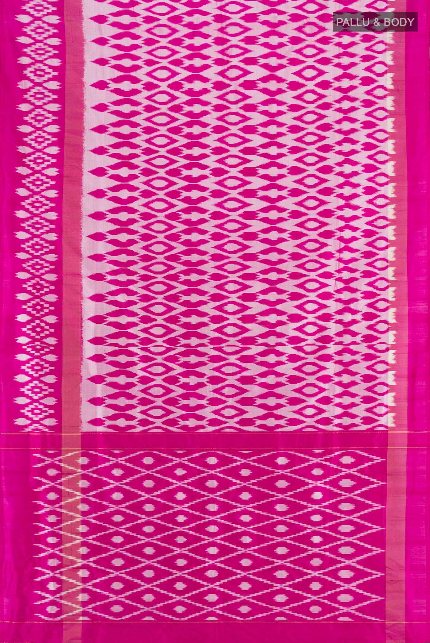 Flat view of Magenta Pochampally Silk Saree with Ikat design on the body and Plain Border. 