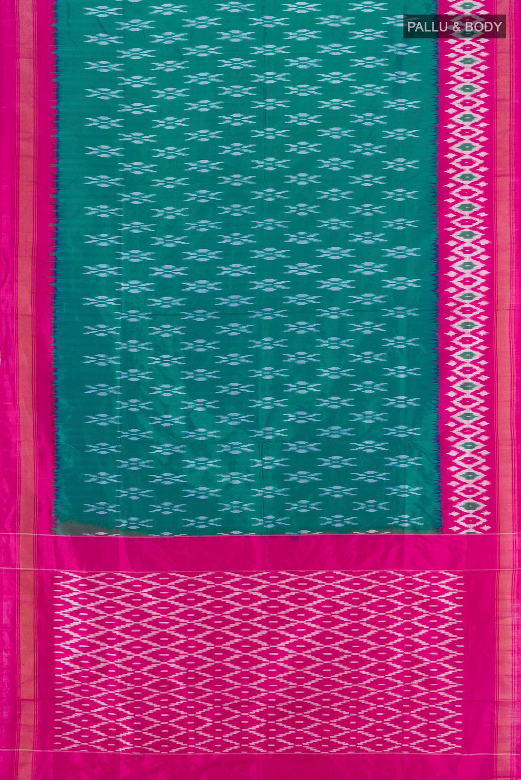 Flat view of Teal Pochampally Silk Saree with Ikat design on the body and Ikat Border. 