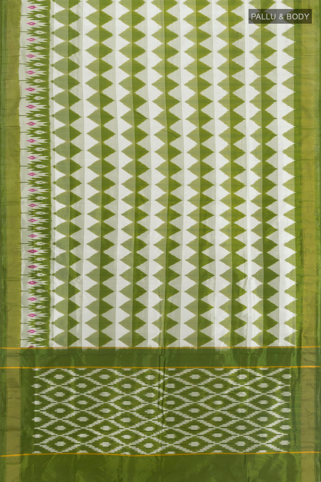 Flat view of White Pochampally Silk Saree with Ikat design on the body and Zari Border. 