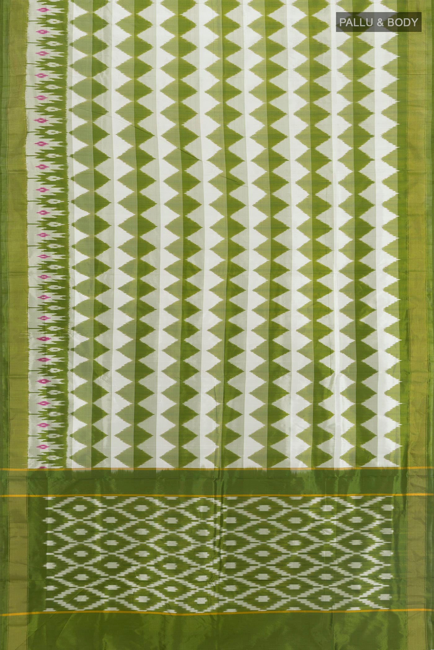 Flat view of White Pochampally Silk Saree with Ikat design on the body and Zari Border. 