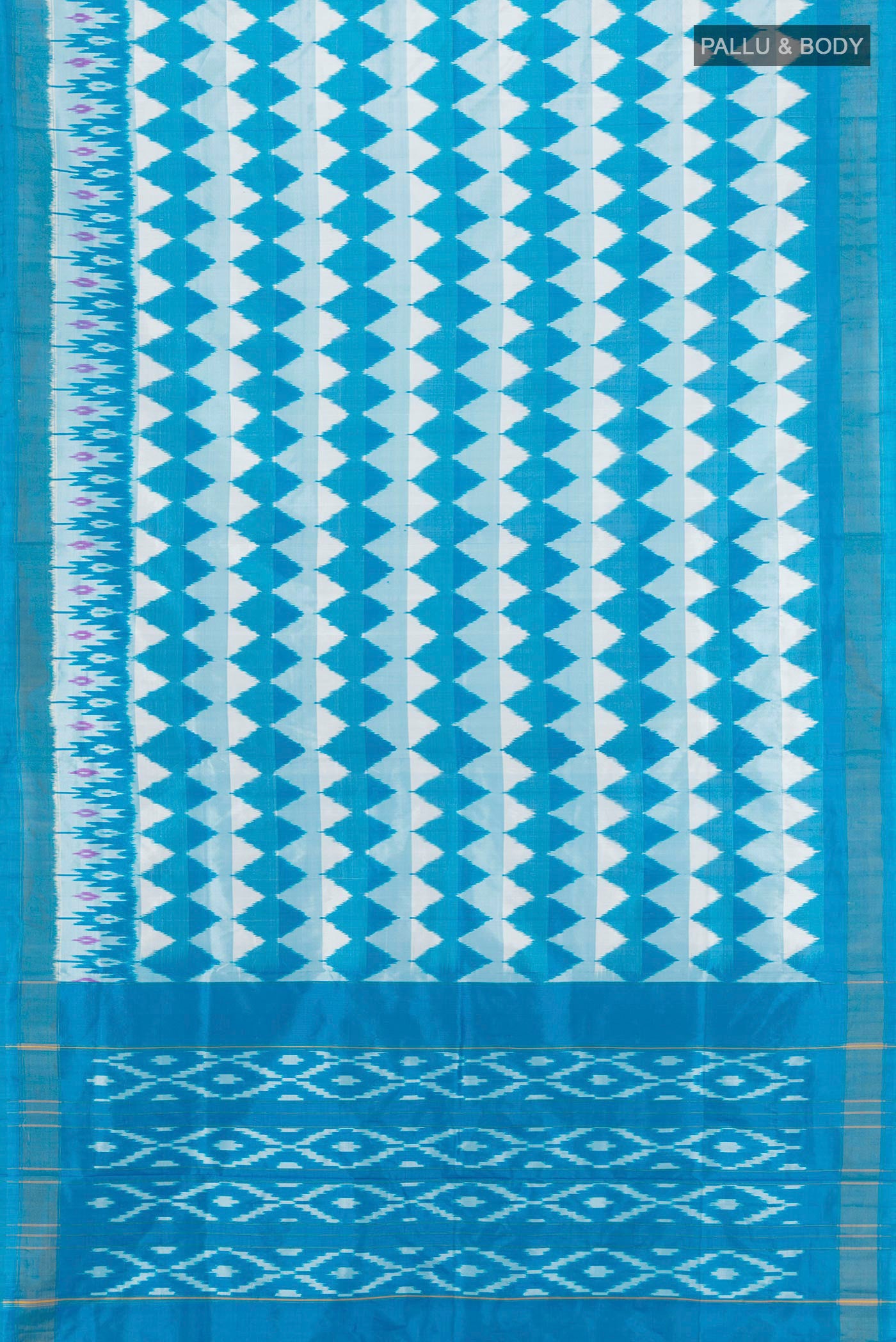 Flat view of Sky Blue Pochampally Silk Saree with Ikat design on the body and Zari Border. 