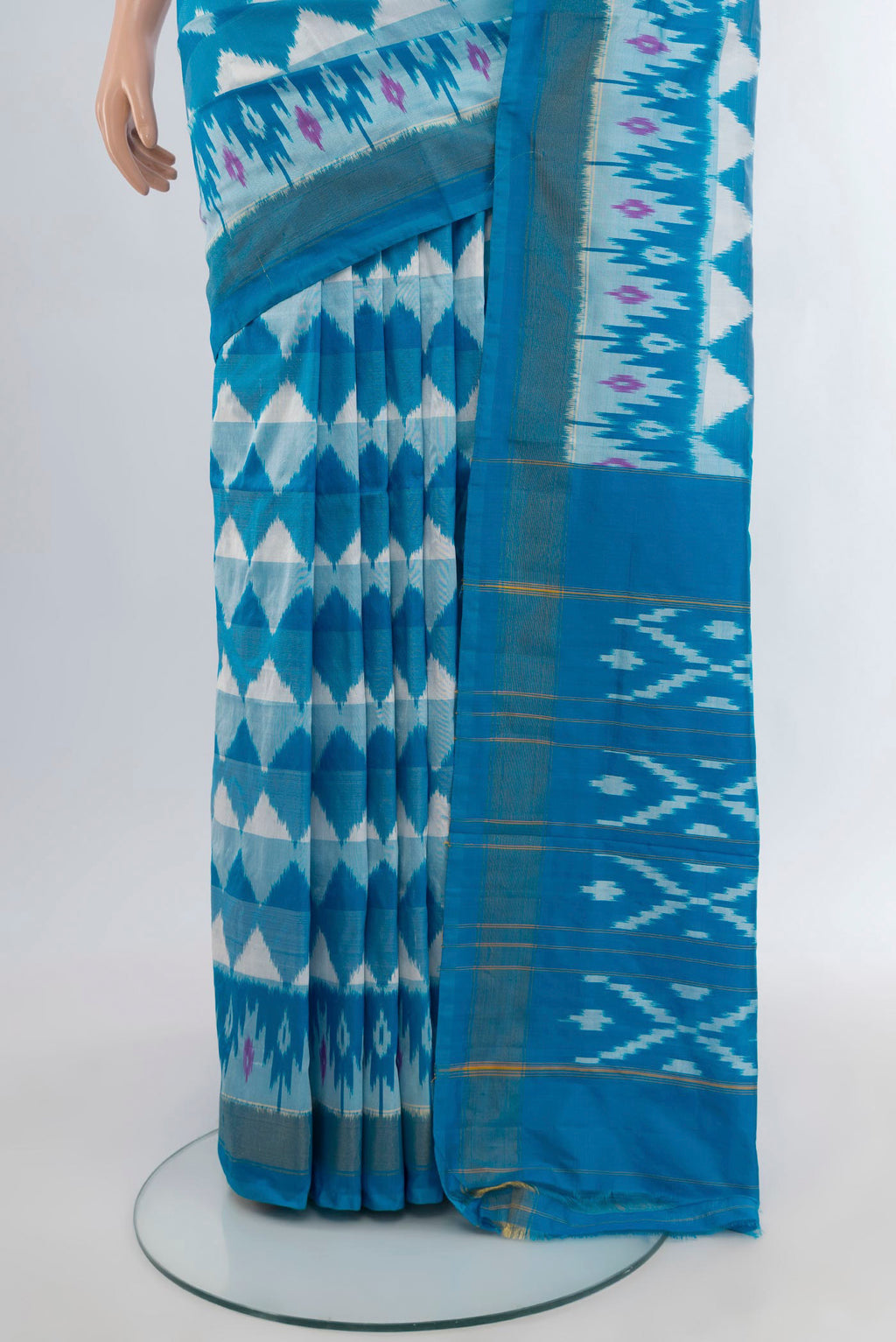 Pleats and pallu of Sky Blue Pochampally Silk Saree with Ikat design on the body and Zari Border. 
