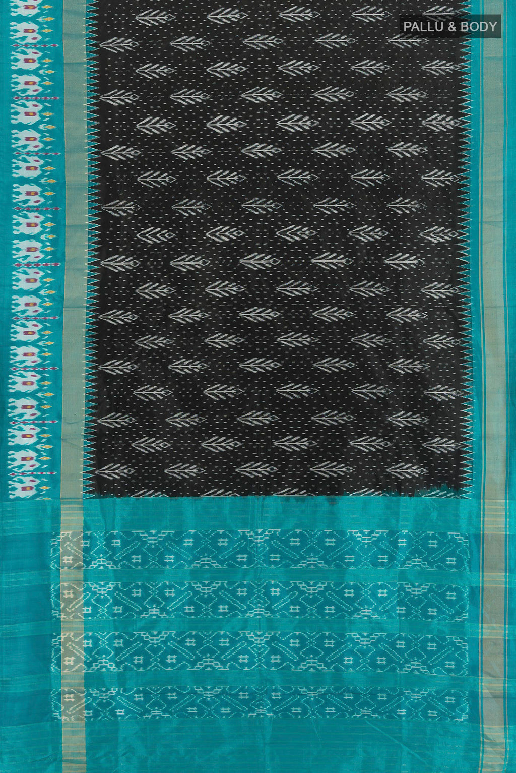 Flat view of Black Pochampally Silk Saree with Pure Ikat on the body and Zari Border. 