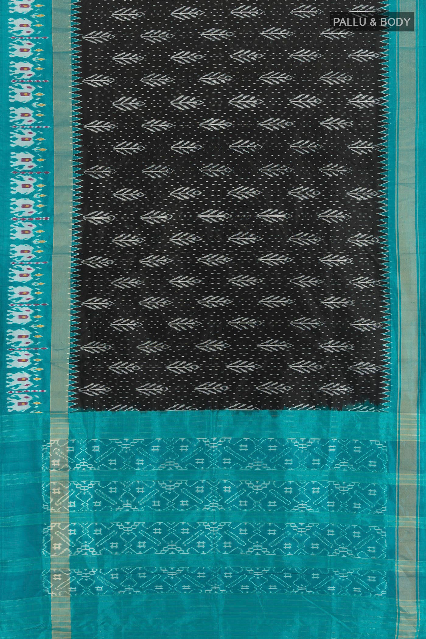 Flat view of Black Pochampally Silk Saree with Pure Ikat on the body and Zari Border. 