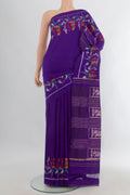 Pure Silk Violet Pochampally Saree with Plain Body and Ikat Border.  displayed on a mannequin