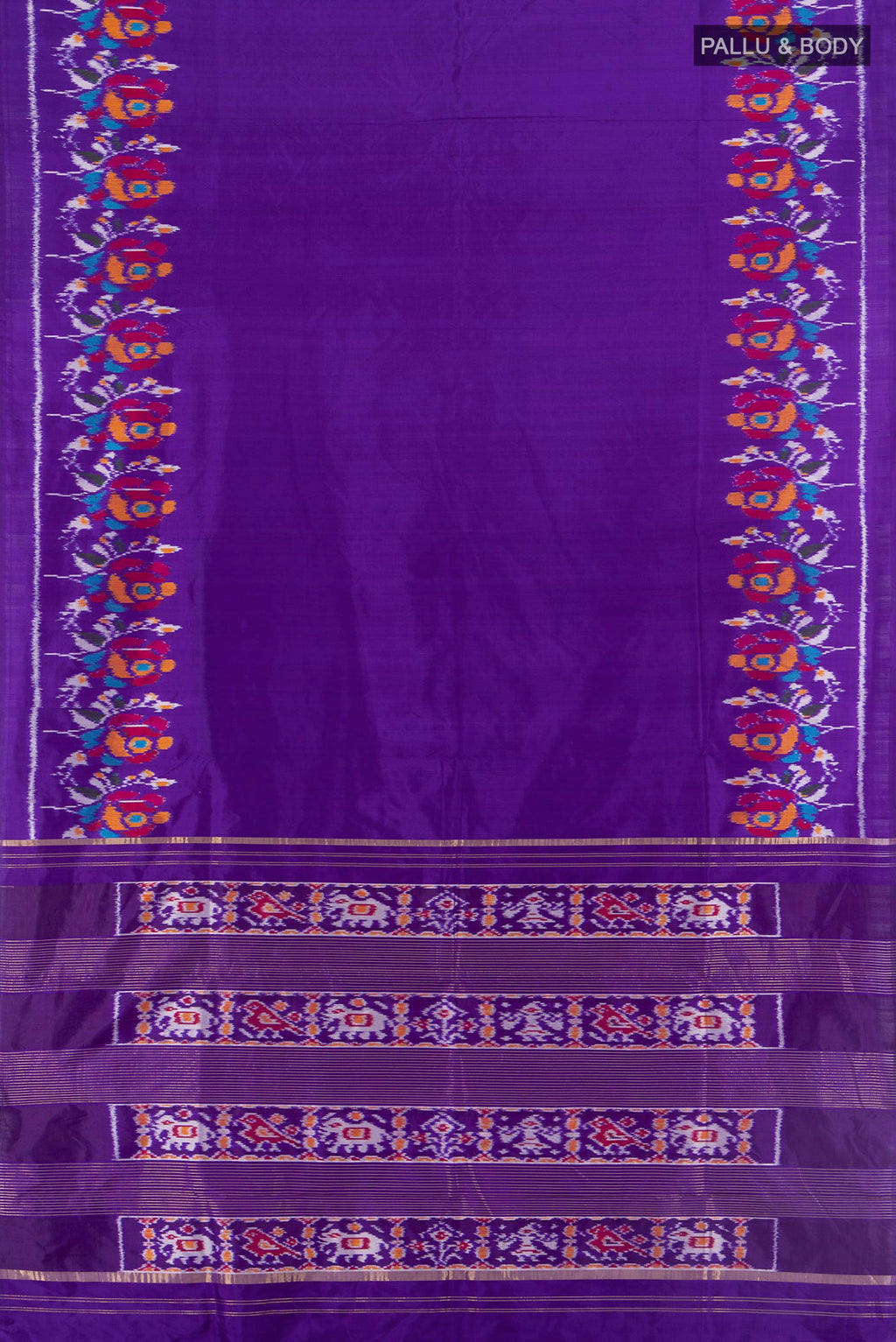 Flat view of Pure Silk Violet Pochampally Saree with Plain Body and Ikat Border. 