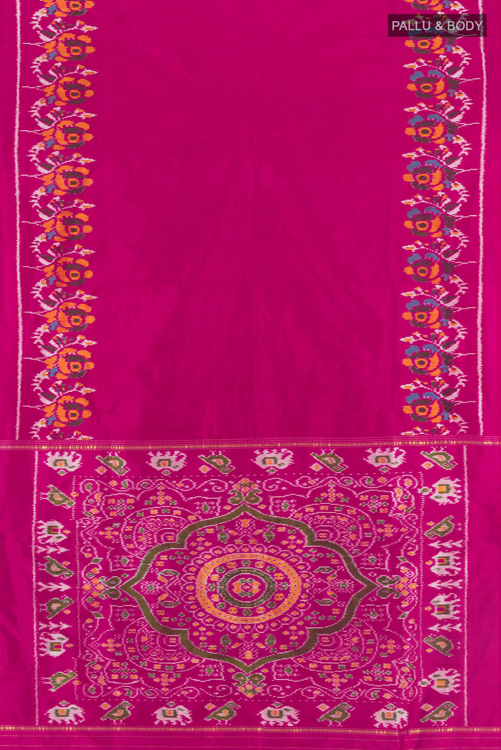 Flat view of Magenta Pochampally Silk Saree with Plain Body and Fancy Border. 
