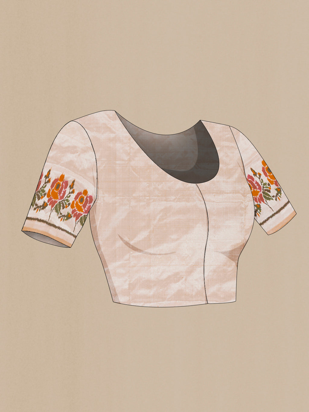 Close up image of the blouse of Cream Pochampally Silk Saree with Plain Body and Fancy Border. 