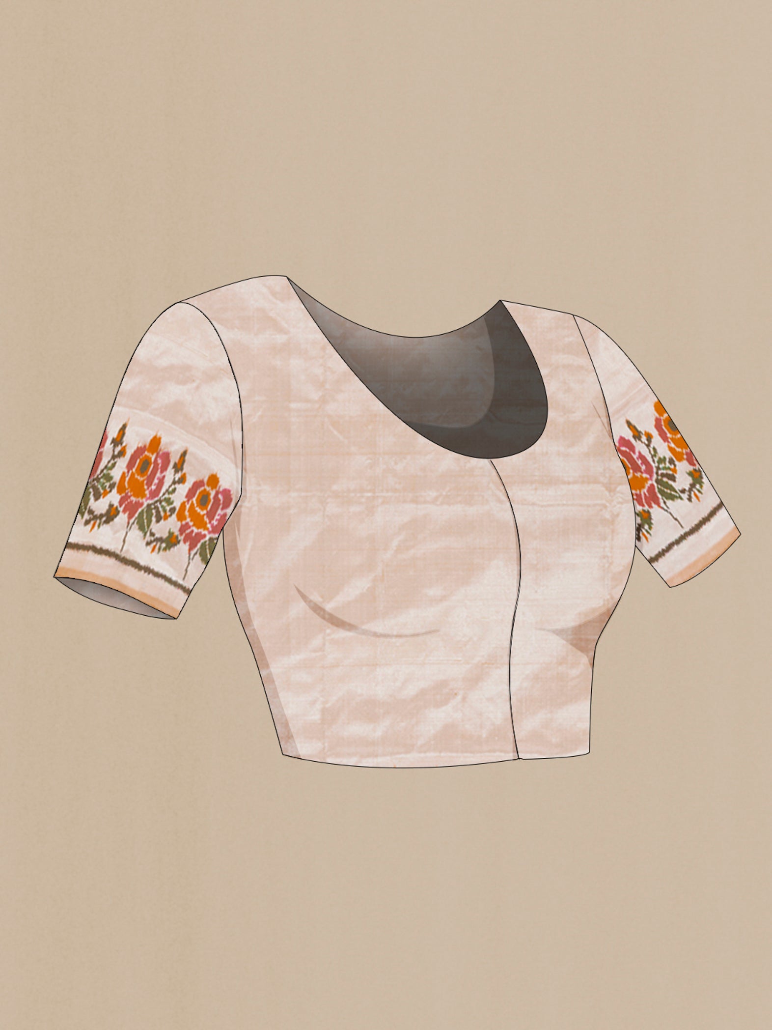 Close up image of the blouse of Cream Pochampally Silk Saree with Plain Body and Fancy Border. 